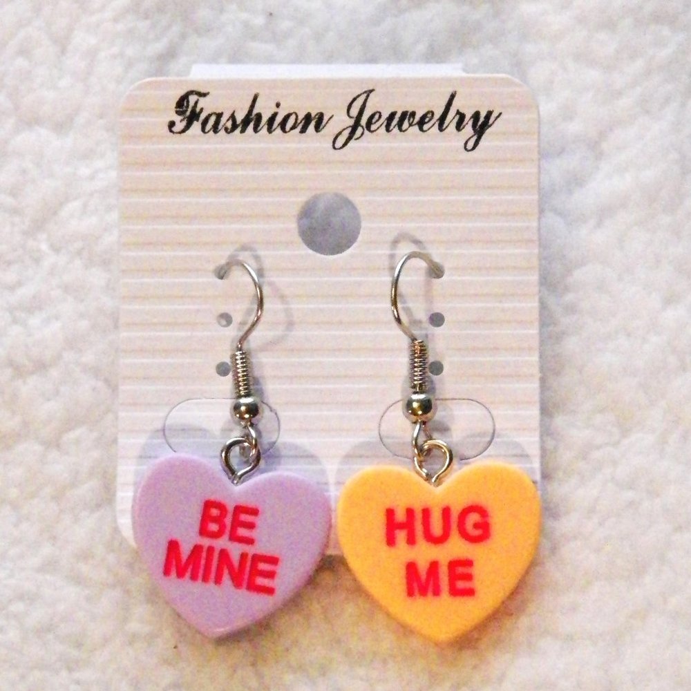 Valentine Conversation Hearts Earrings Silver Dangle Drop